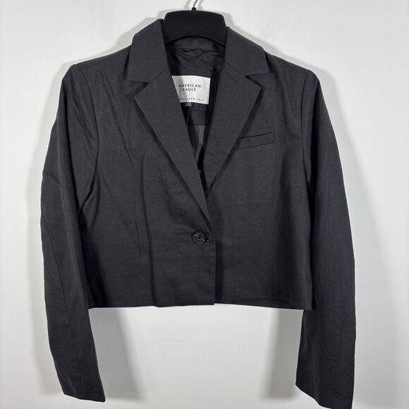 American Eagle Cropped Linen 1 Button Blazer Medium Black NWT Jacket Lightweight - Picture 2 of 7